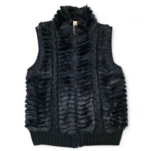 FUDA Black Faux Fur Cable Knit Zip Vest Women’s Large – Cozy Layering Piece